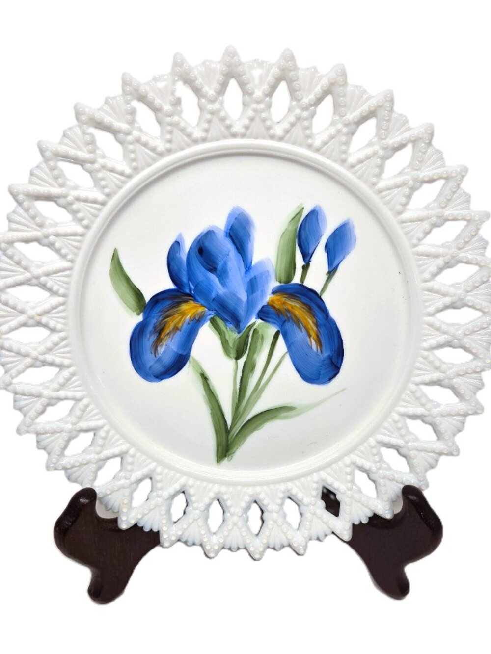 Vtg Lornita Milk Glass Plate Hand Painted Blue Iris Wheat Sheaf Edge Pierced 7"